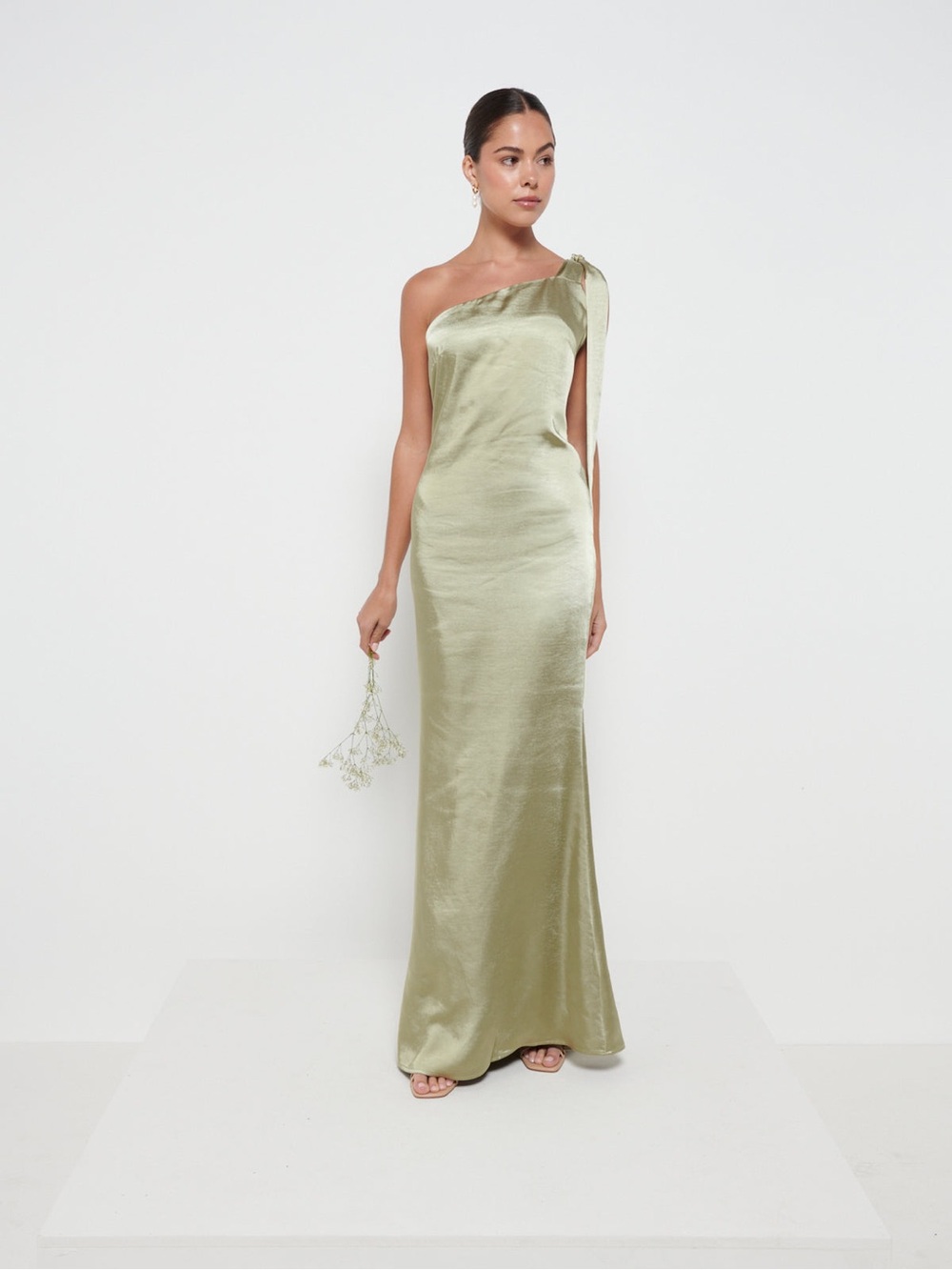 One-Shoulder Satin Maxi Dress in Olive